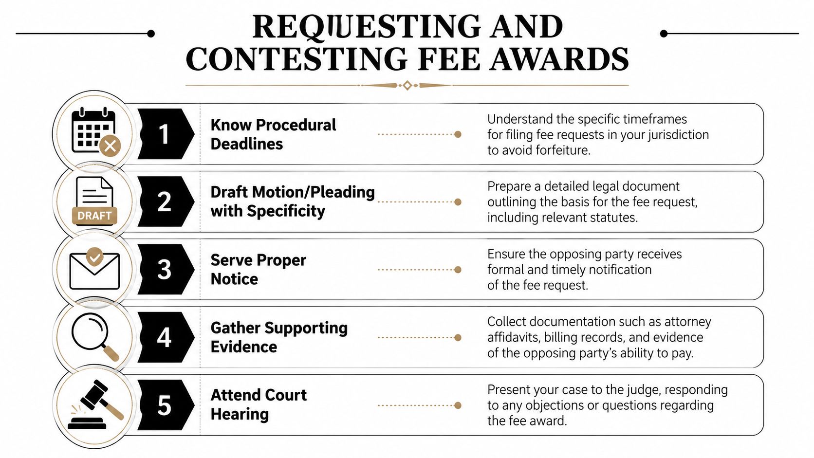 A step-by-step infographic titled Requesting and Contesting Fee Awards, detailing five key legal process stages.