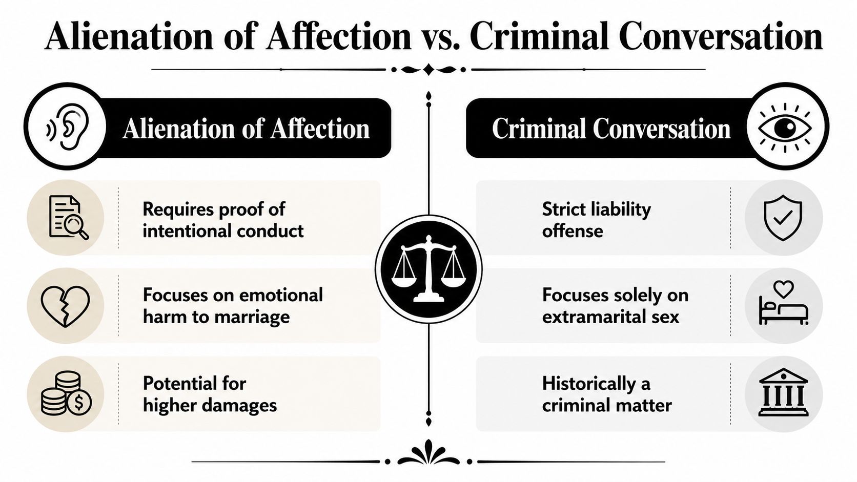 A comparison chart outlining the key legal differences between alienation of affection and criminal conversation lawsuits.