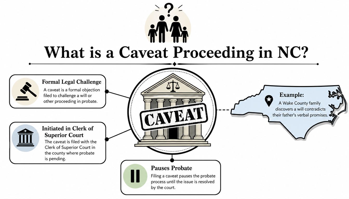 An infographic explaining a caveat proceeding, a formal legal challenge to a will in North Carolina courts.