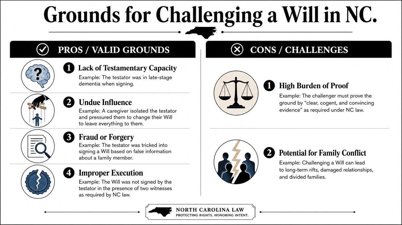 An infographic detailing the valid legal grounds and potential challenges for contesting a will in North Carolina.