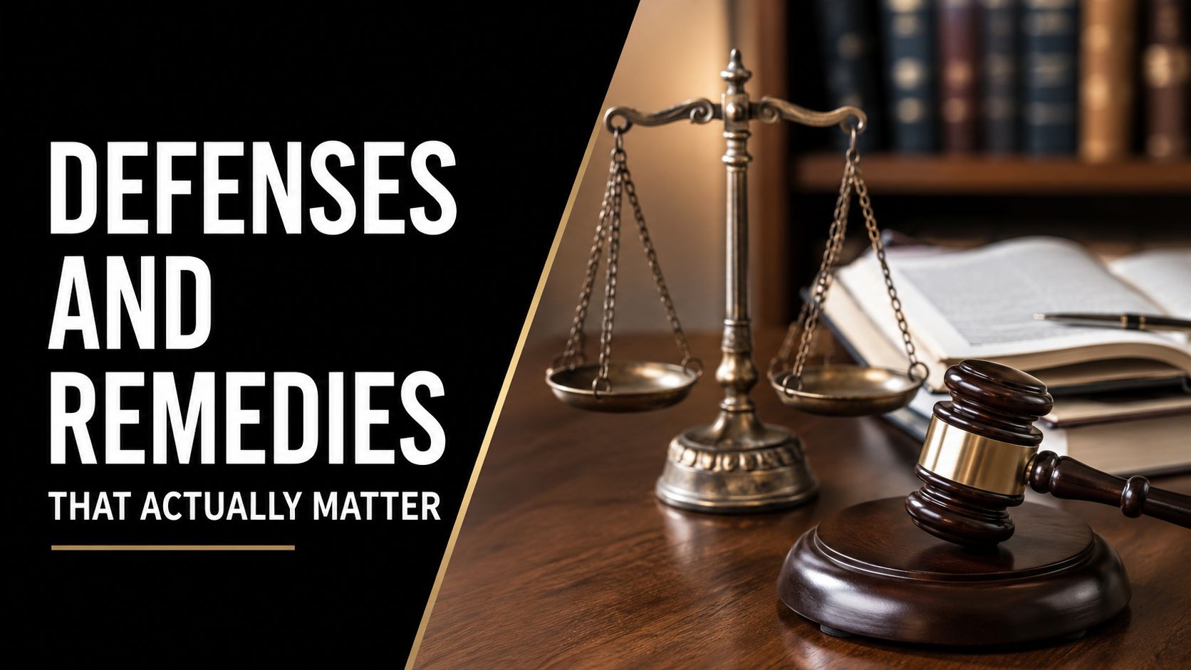 A professional legal setting featuring a gavel, scales of justice, and a law book on a desk.