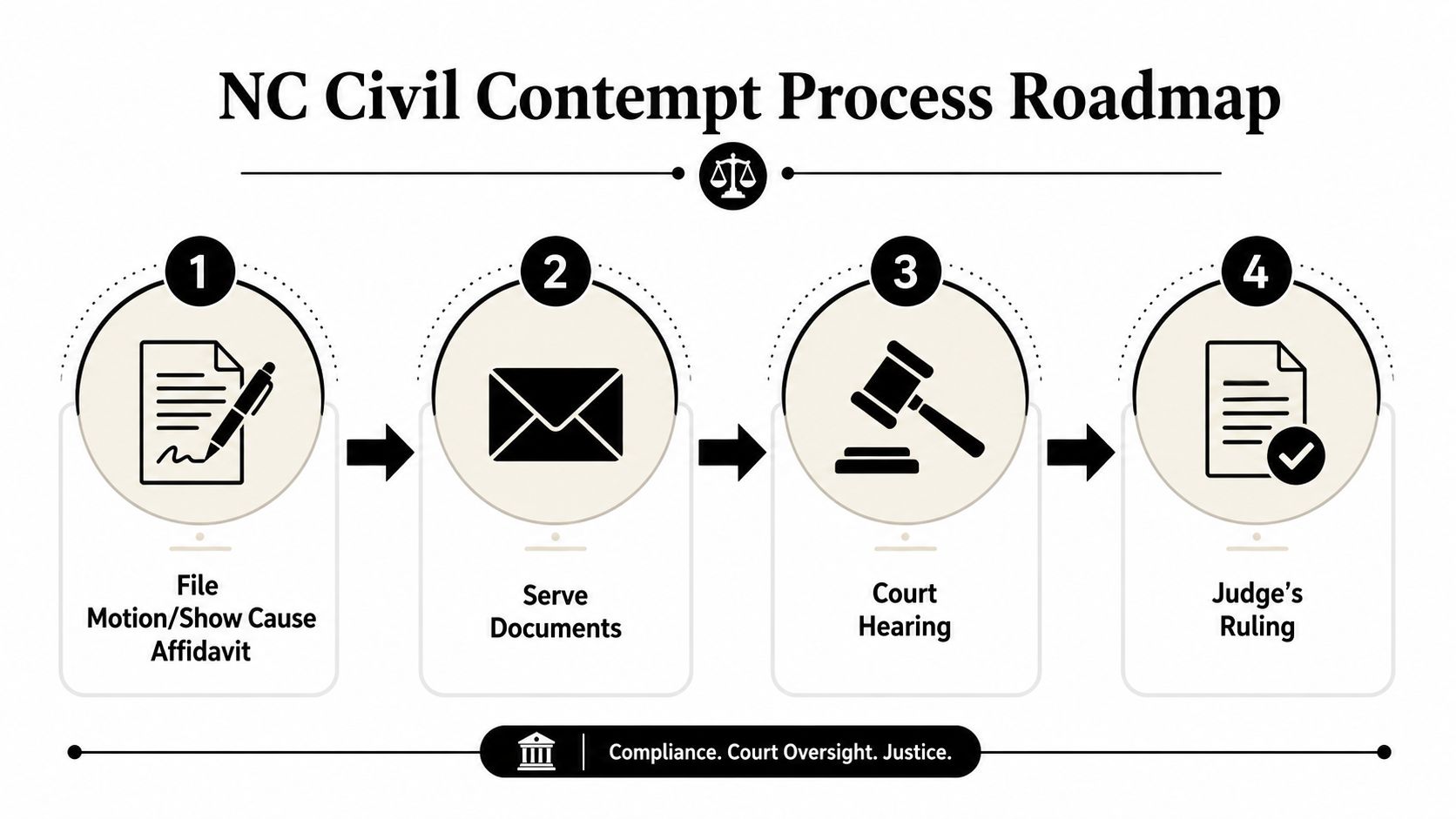 A four-step roadmap graphic illustrating the legal process for filing civil contempt in North Carolina courts.