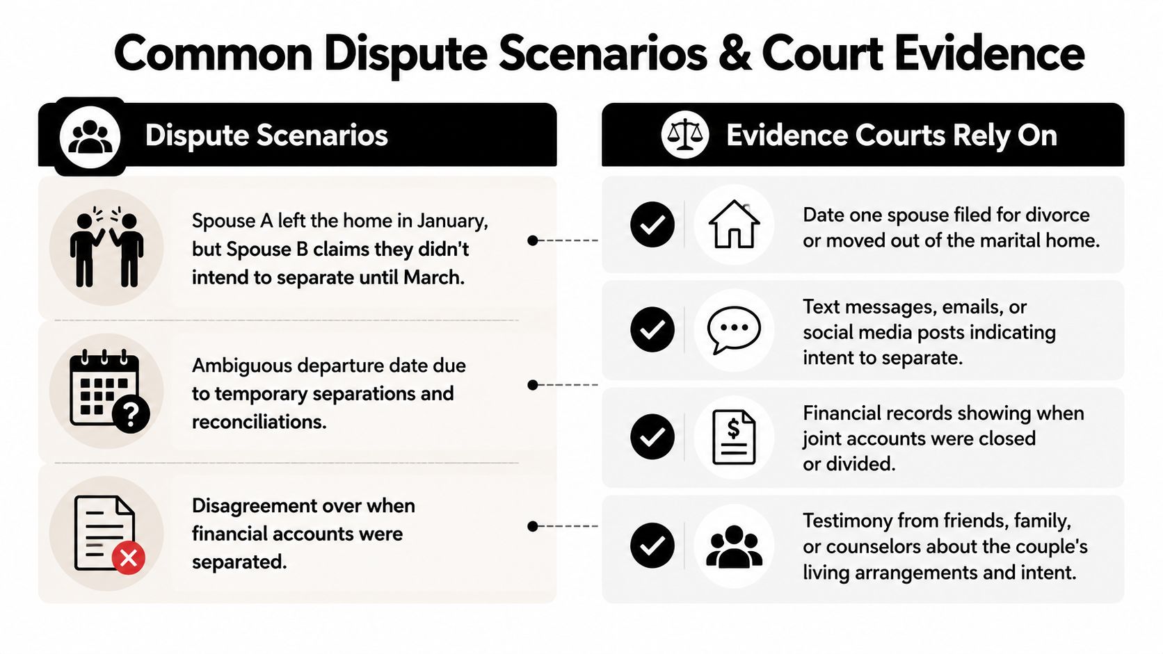 A visual guide outlining common marital separation dispute scenarios and the types of evidence courts use.