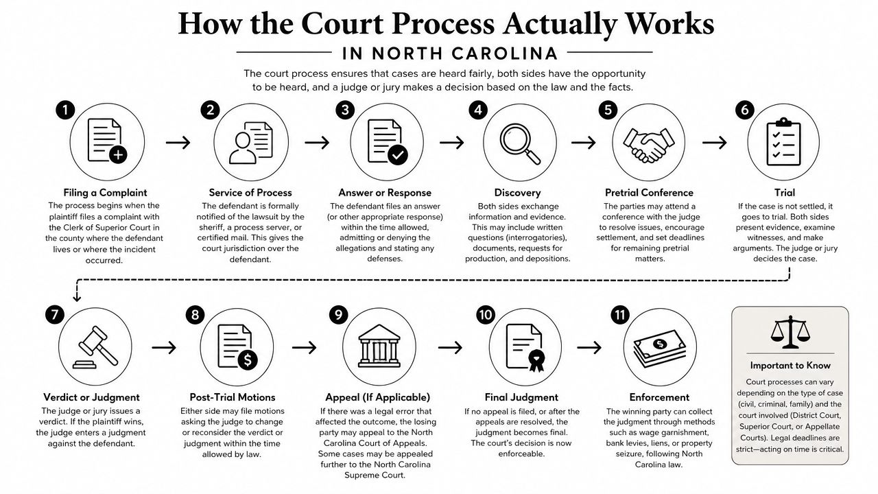 A step-by-step flowchart infographic illustrating the legal court process in North Carolina from filing to enforcement.