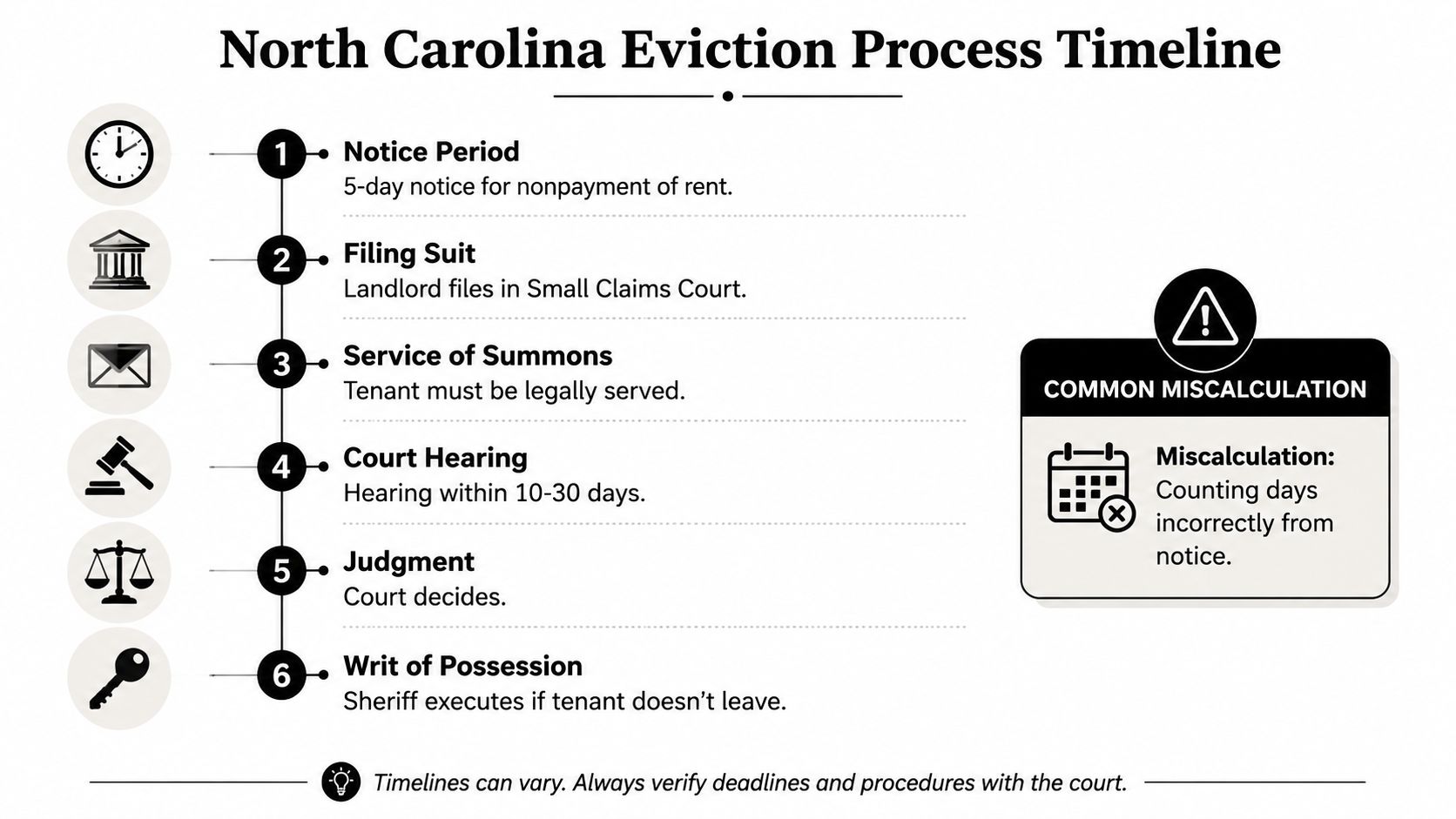 A simplified timeline chart explaining the six steps of the North Carolina landlord tenant law eviction legal process.