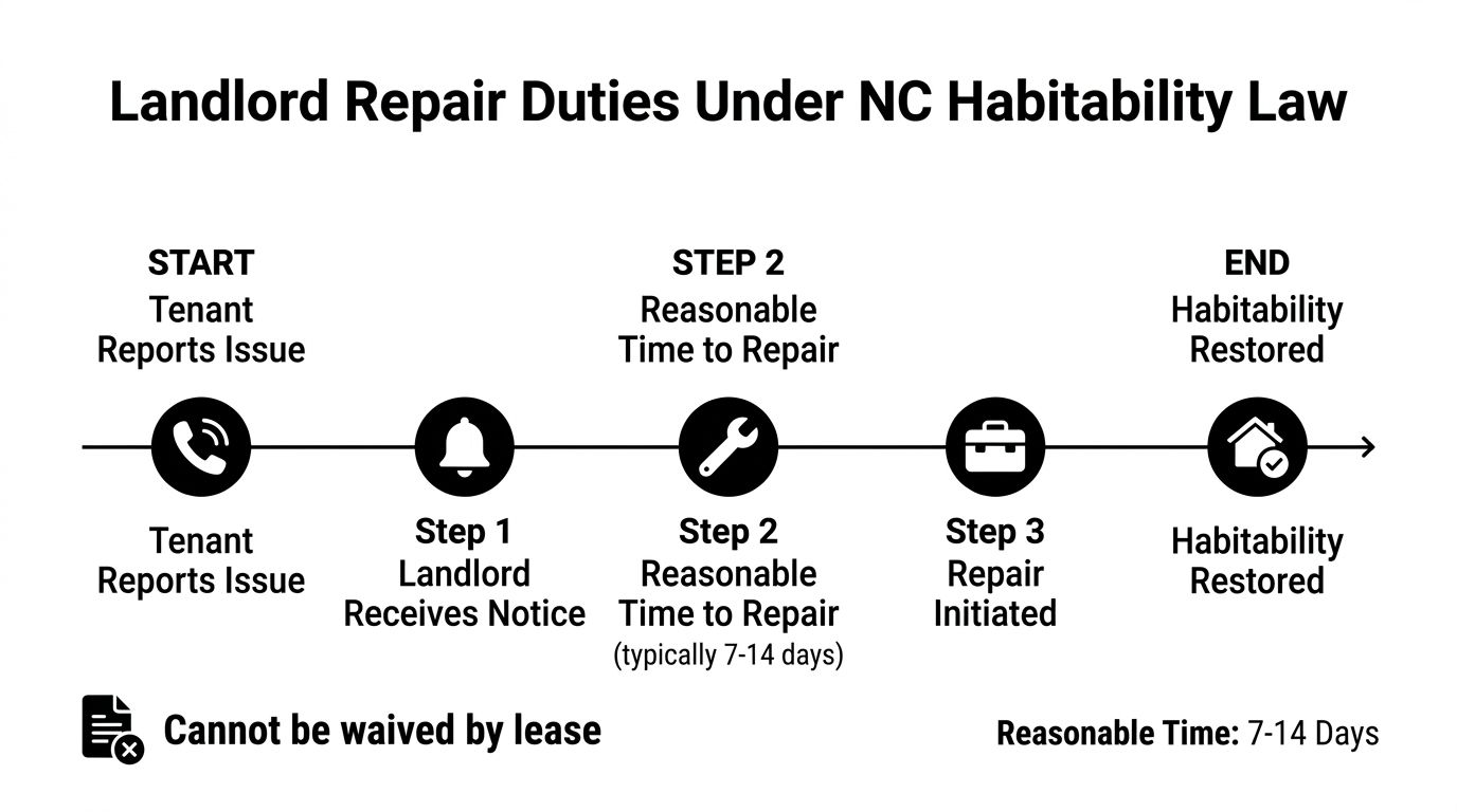 A flow chart illustrating the step-by-step process for North Carolina landlord repair duties and tenant rights.
