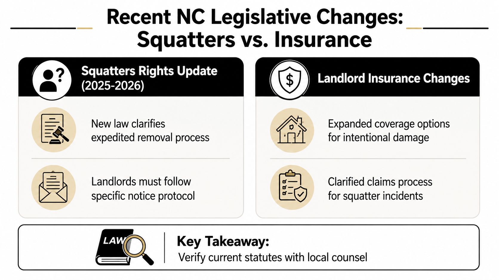 An infographic titled Recent NC Legislative Changes outlining updates regarding squatter removal processes and landlord insurance coverage.