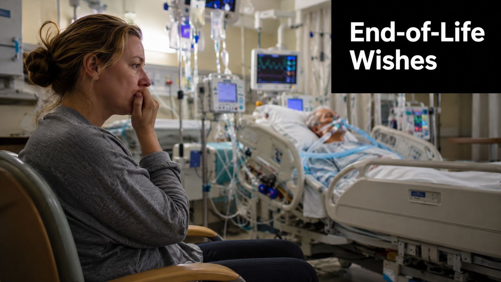 A concerned woman sits by the bedside of a hospital patient connected to life support equipment.
