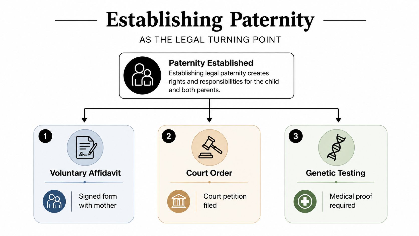 An infographic illustrating three legal methods for establishing paternity: voluntary affidavit, court order, and genetic testing.