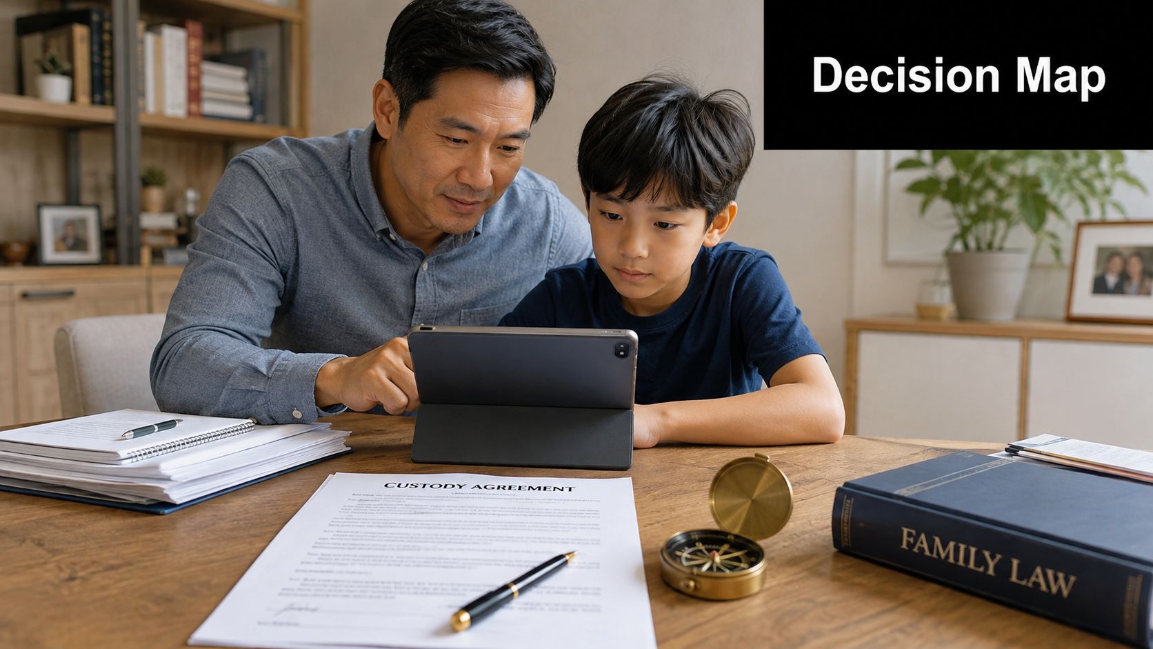 A father and son looking at a tablet together while sitting at a table with legal documents.