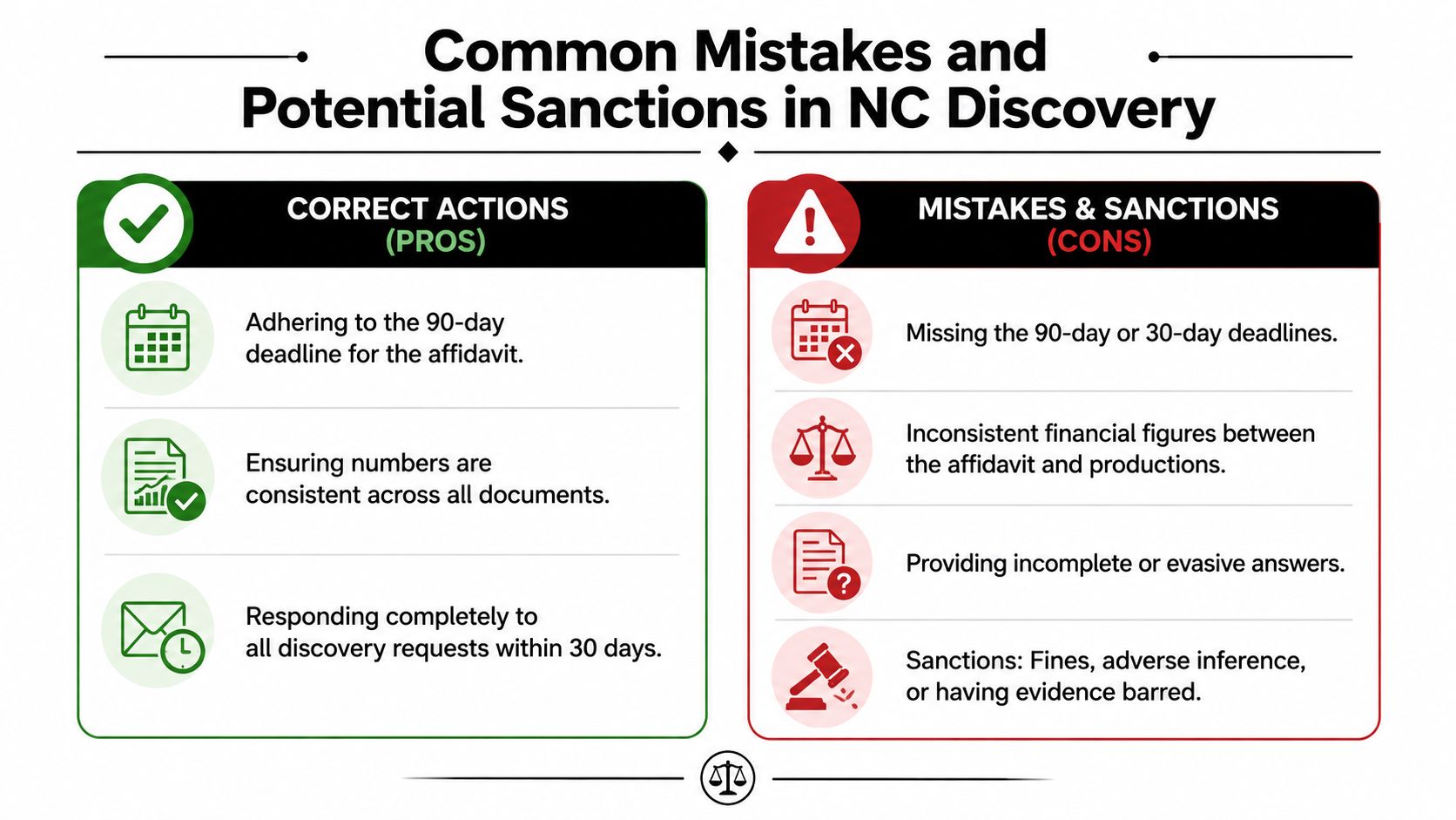 A comparison chart outlining correct actions and potential sanctions regarding North Carolina legal discovery and financial affidavits.