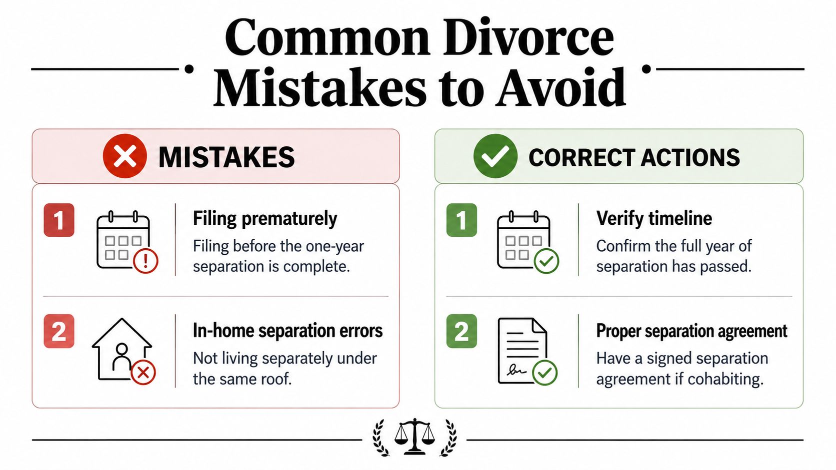 An infographic showing common divorce mistakes and the correct actions to take for separation procedures.