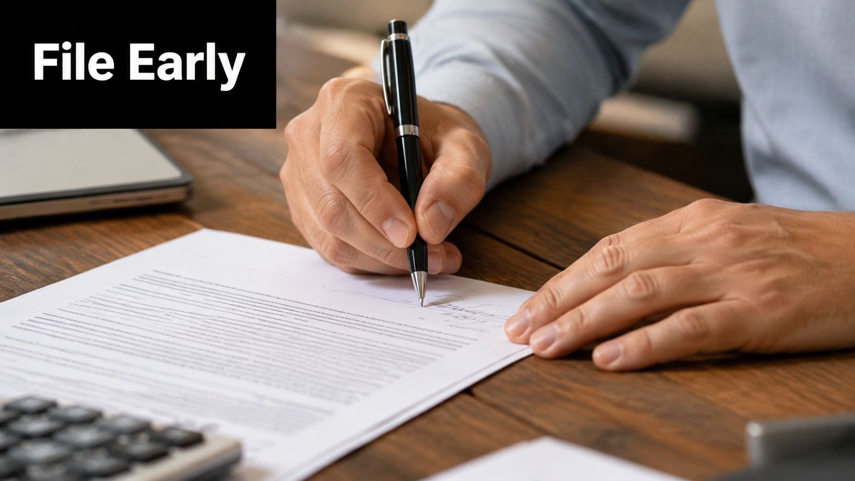 A person signing a legal document on a wooden desk to initiate the divorce procedure early.