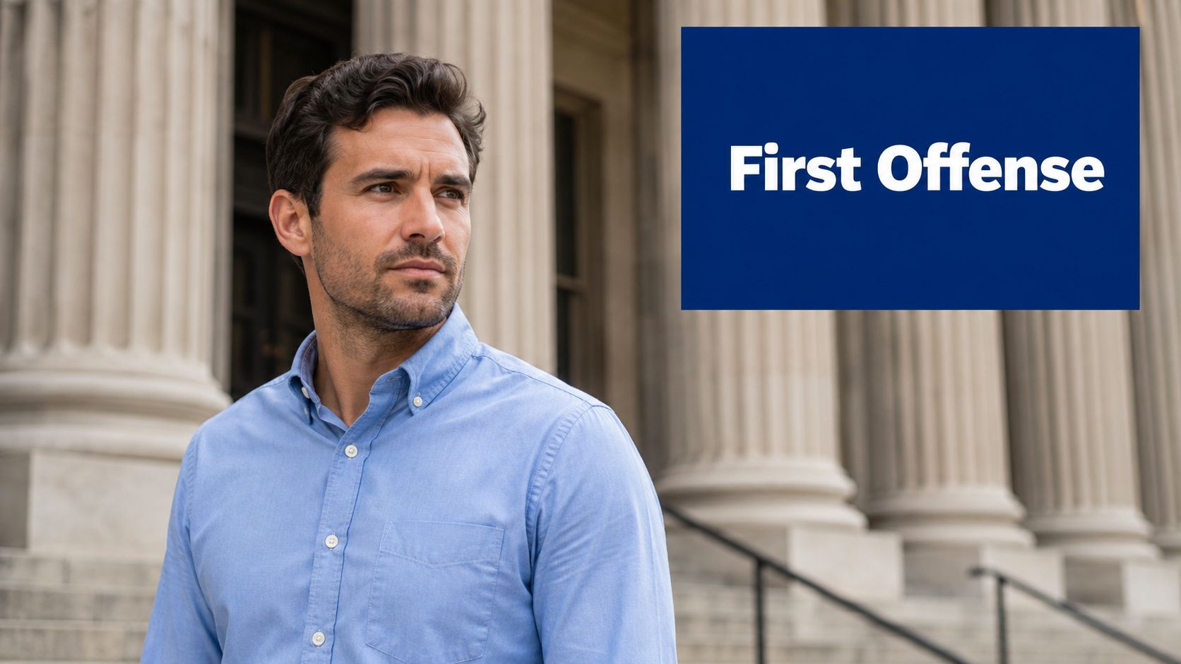 A man in a light blue button-up shirt standing in front of a courthouse with text reading First Offense.