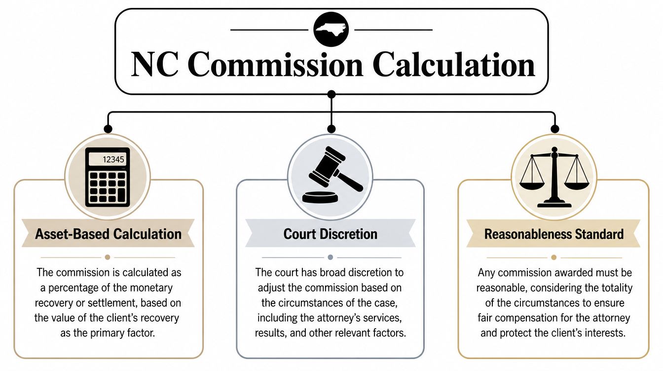 A diagram outlining North Carolina commission calculation methods including asset-based calculation, court discretion, and reasonableness standards.
