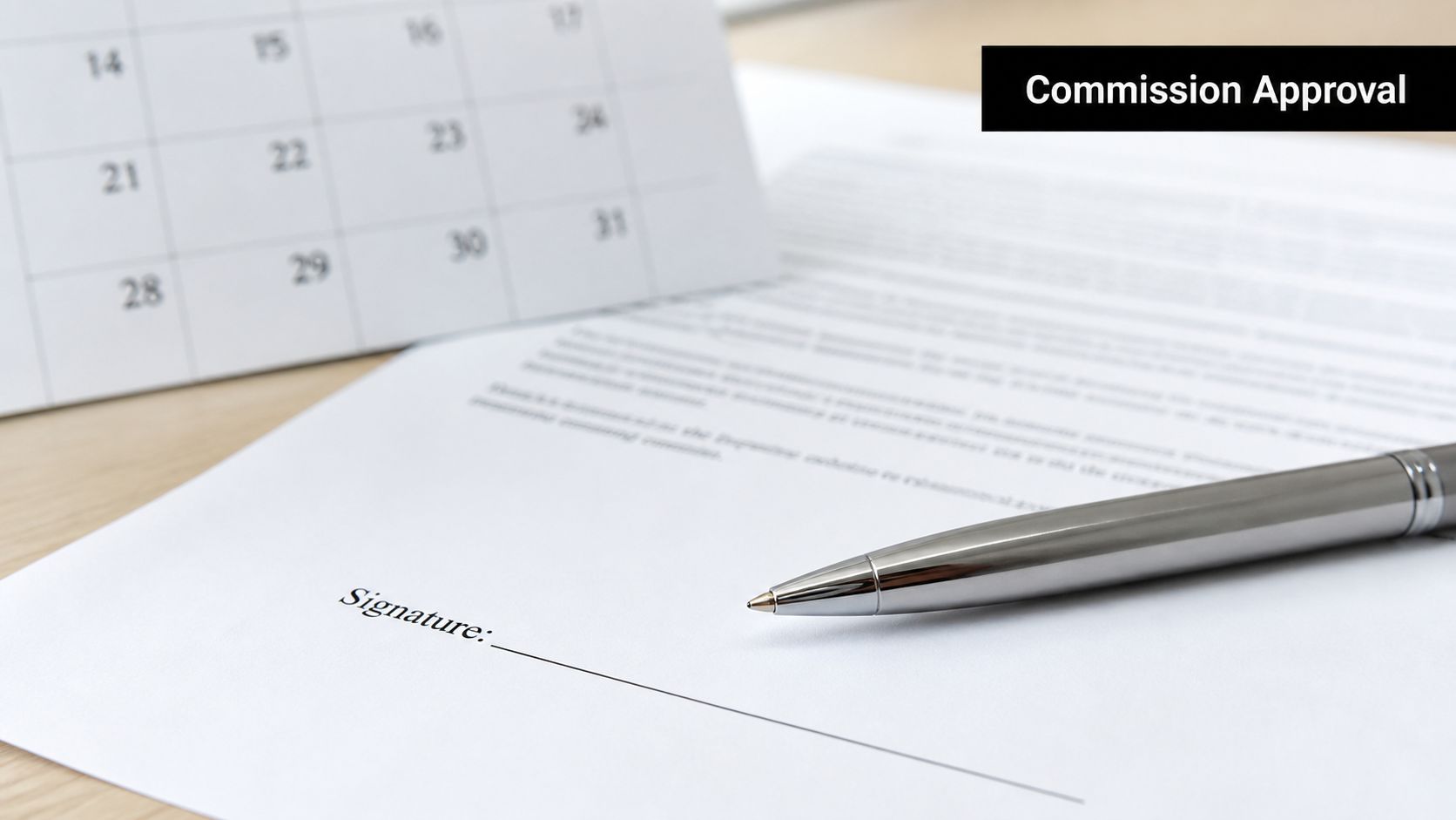 A professional desk setting featuring a signature line on a document next to a calendar.