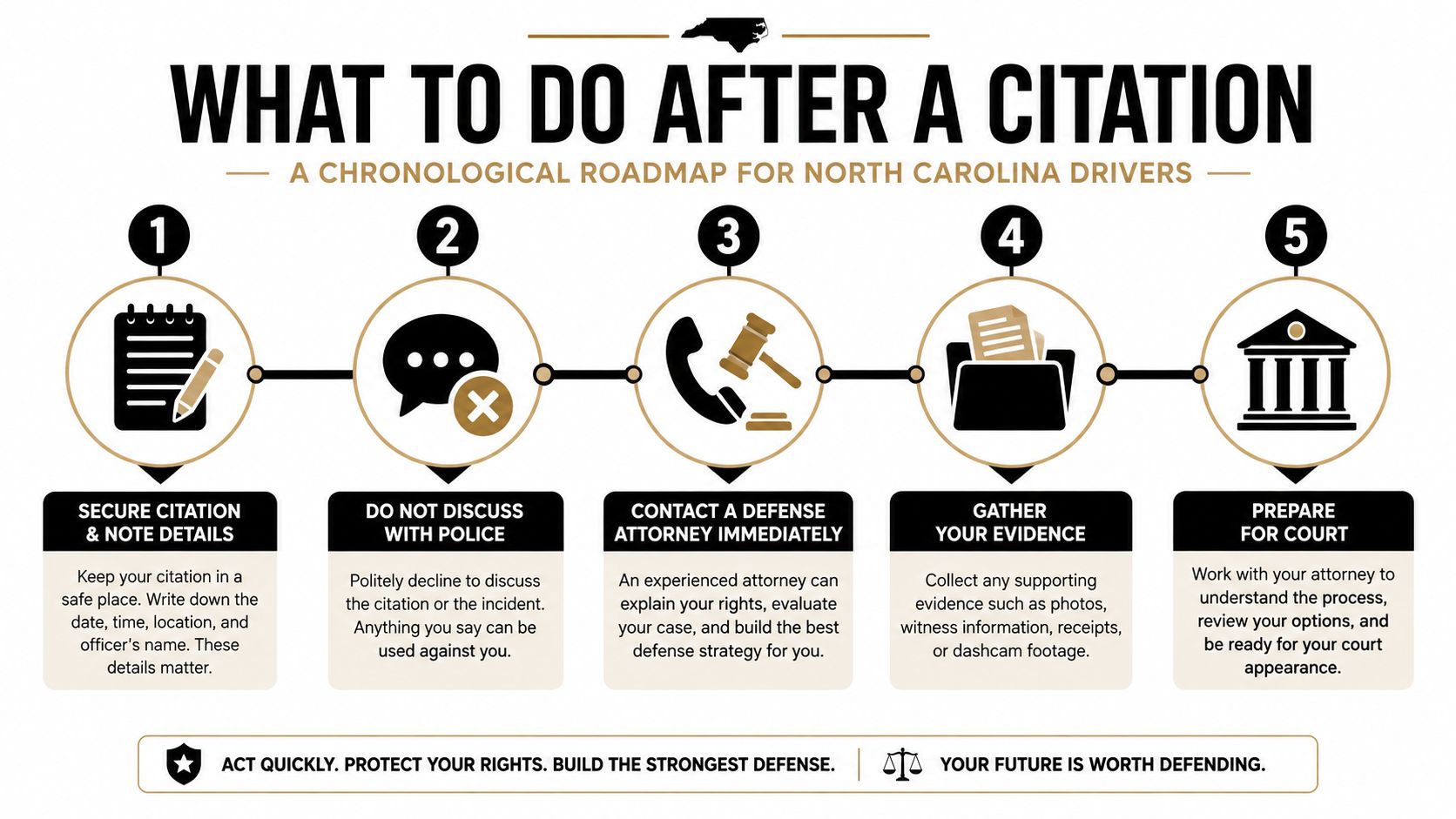 A five-step chronological roadmap for North Carolina drivers explaining legal actions to take after receiving a citation.