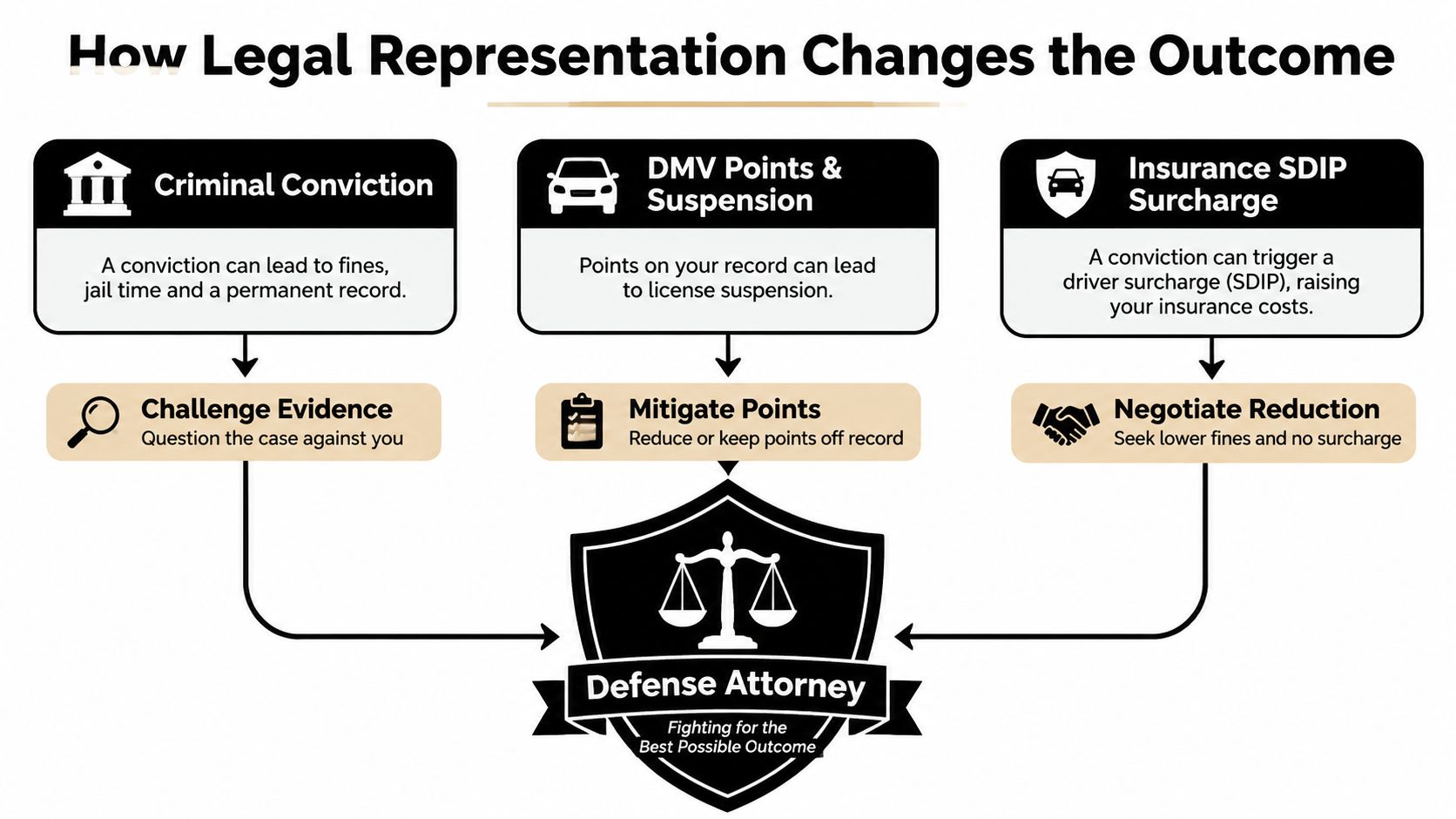 A diagram illustrating how legal representation helps mitigate the impacts of criminal convictions, DMV points, and insurance surcharges.