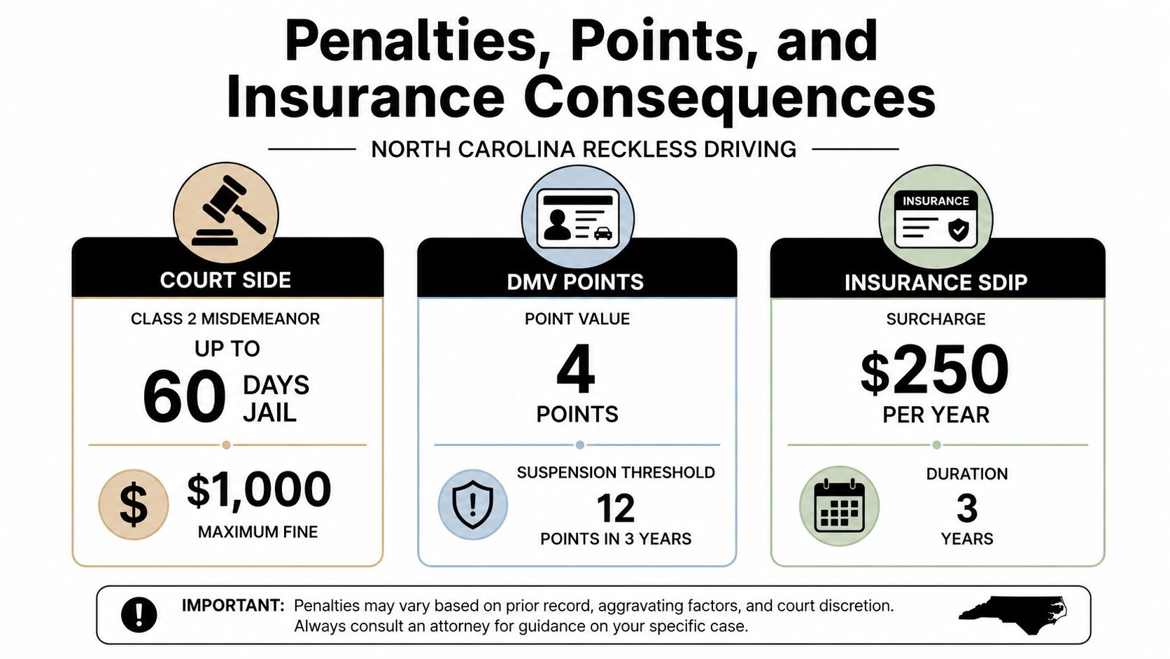 An infographic detailing the court, DMV, and insurance penalties for reckless driving in North Carolina.