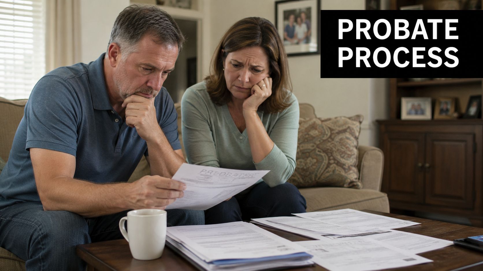 A middle-aged couple sitting on a sofa looking concerned while reviewing legal documents about probate process.