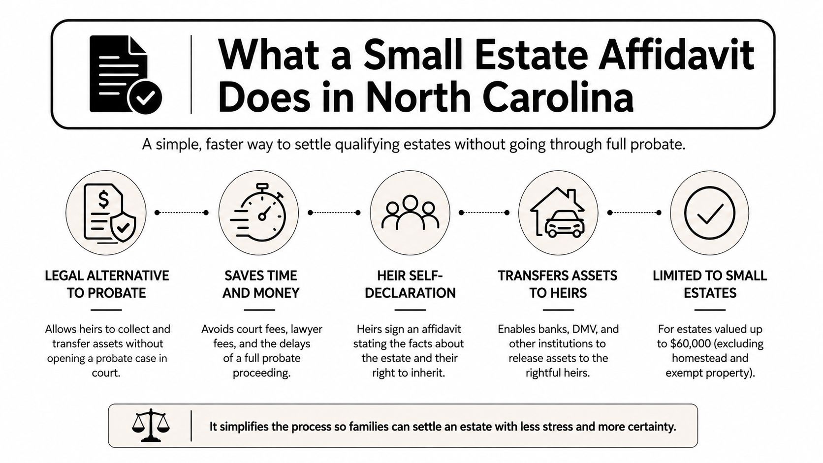 An infographic explaining the small estate affidavit process in North Carolina as a faster probate alternative.