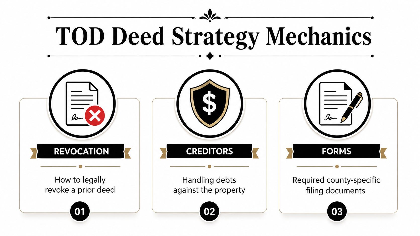 A graphic showing the three key mechanics of a Transfer on Death deed strategy, including revocation, creditors, and required forms.