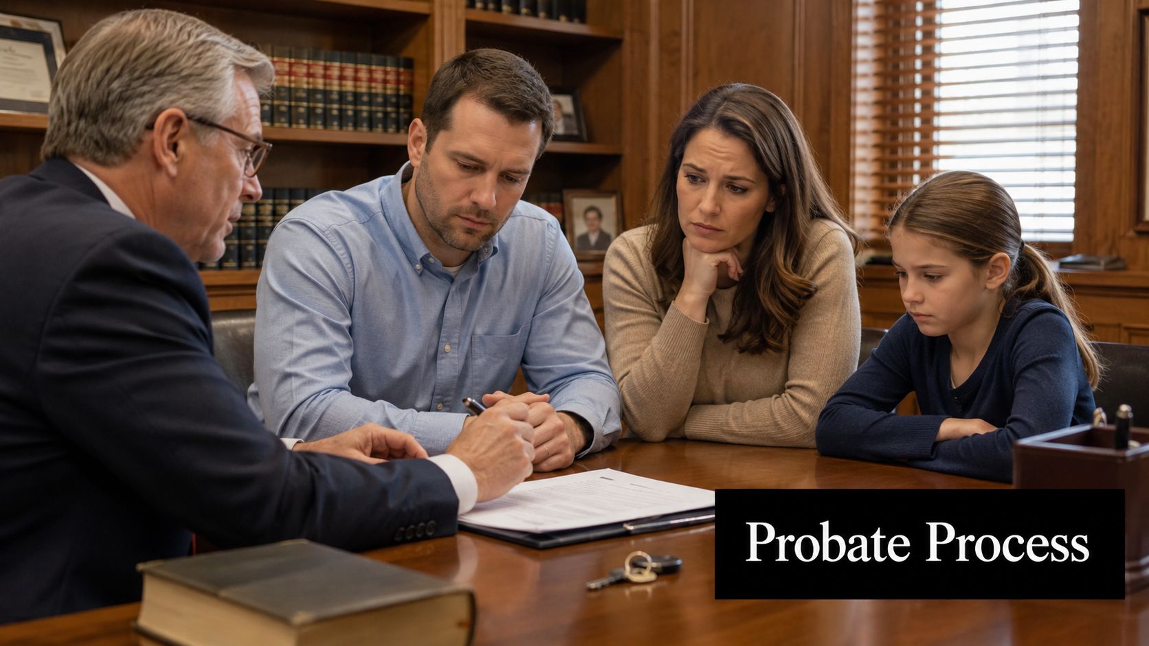 A family sits at a wooden table with an attorney to discuss the probate process legal document.