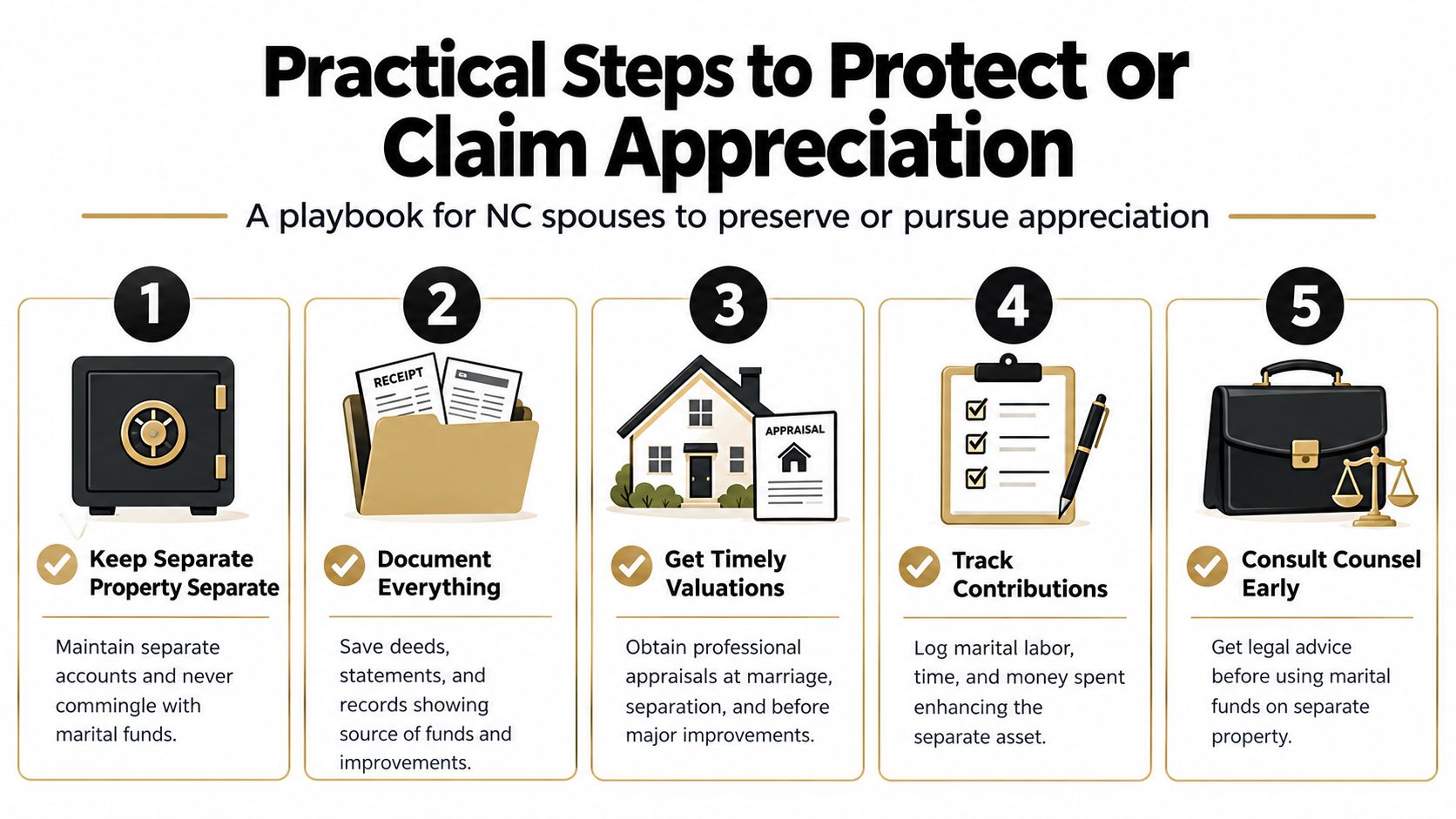 A five-step infographic outlining practical legal strategies for protecting or claiming asset appreciation during divorce in North Carolina.