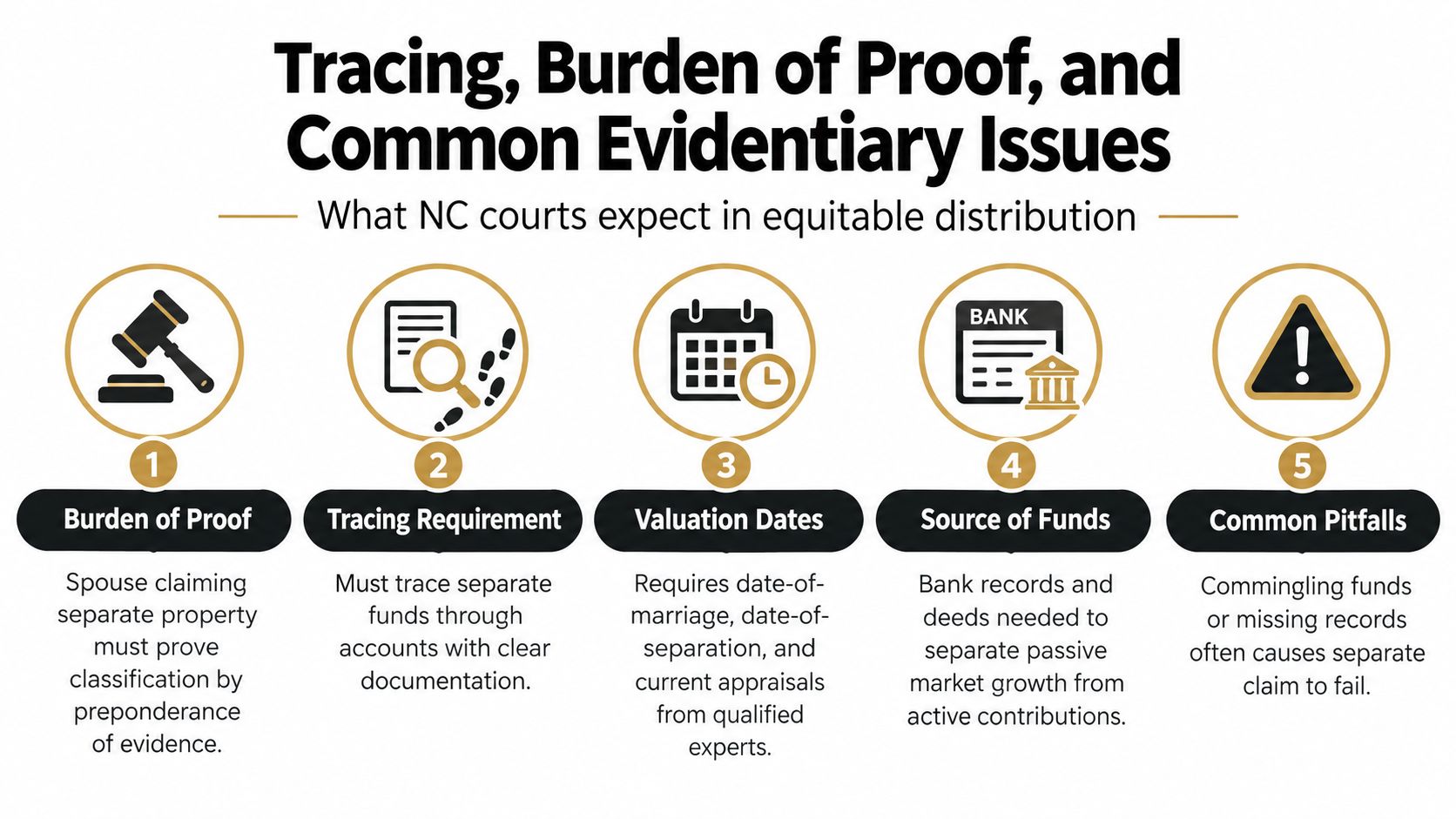 An infographic detailing NC courts' expectations for tracing, burden of proof, and common evidentiary issues in equitable distribution.