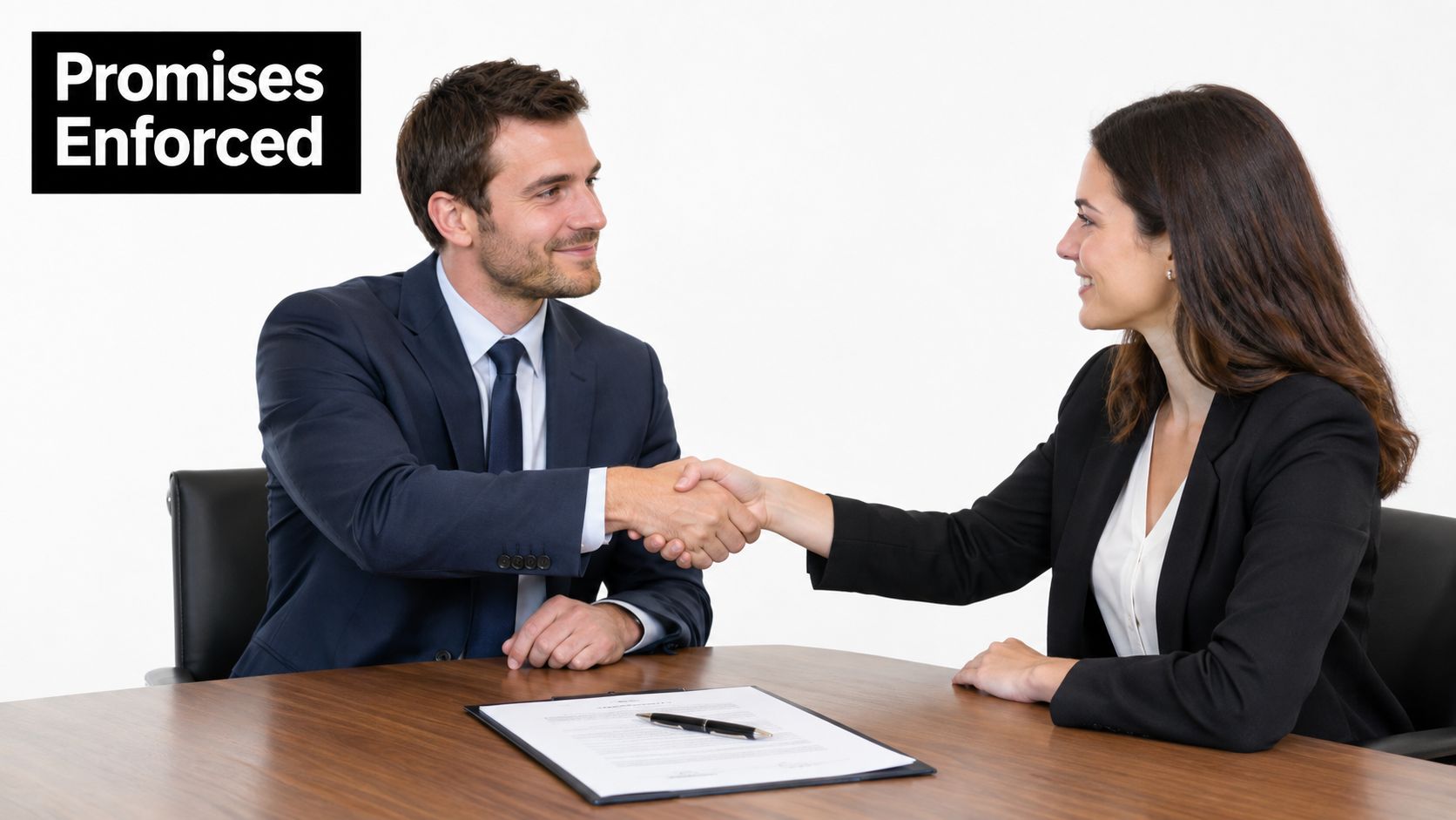 A professional man and woman in business attire shaking hands over a contract at an office table.