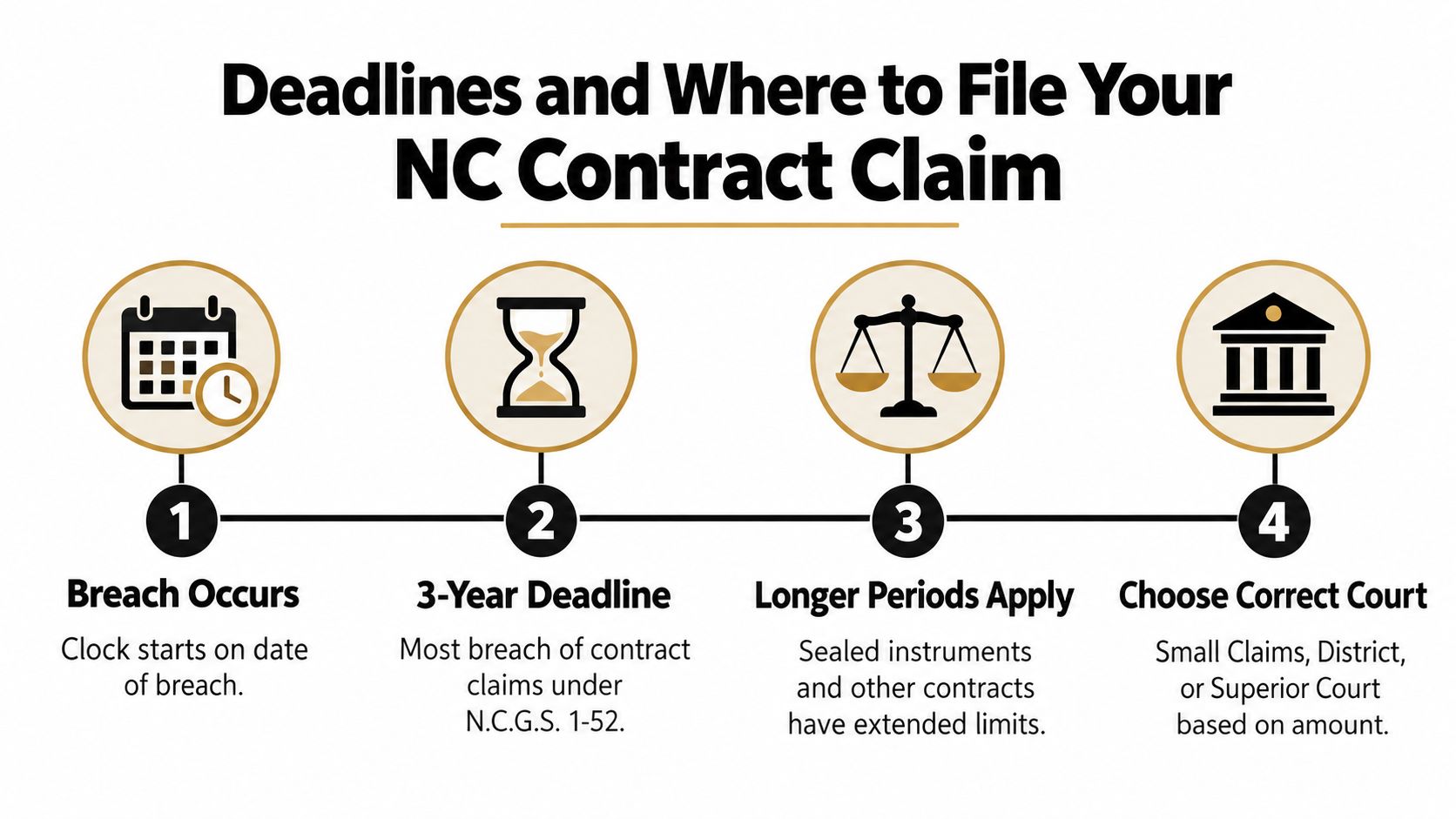 An infographic showing the four steps of the NC contract claim process, including deadlines and court filing information.