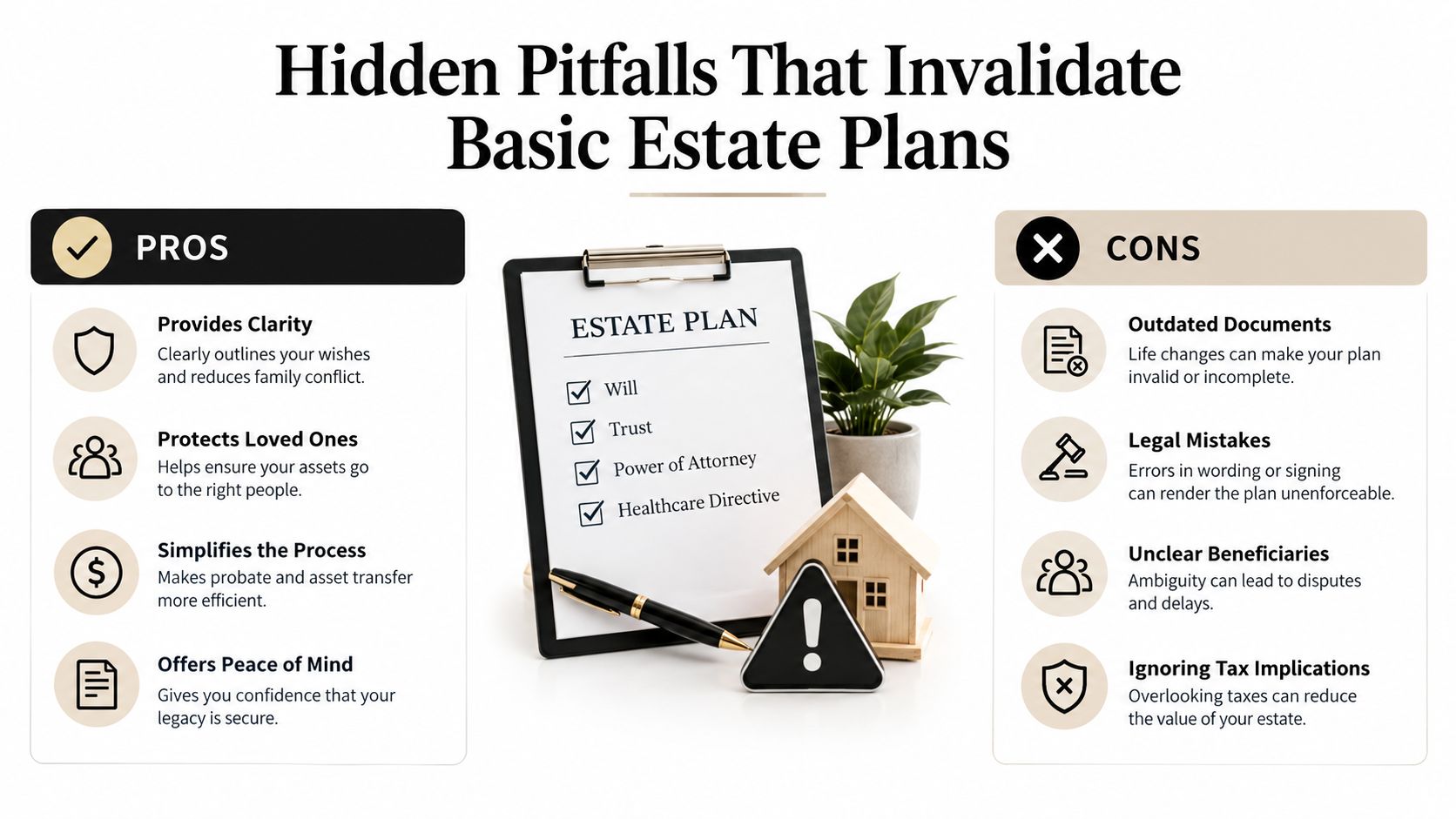 A visual comparison infographic detailing the pros and cons of creating a comprehensive estate plan.