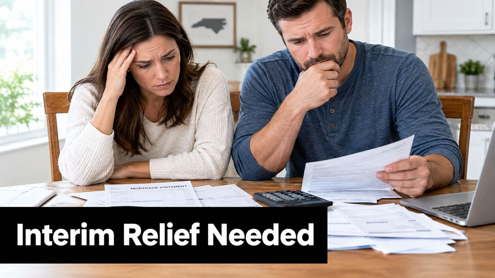 A stressed couple sits at a wooden table looking over mortgage statements and financial documents at home.