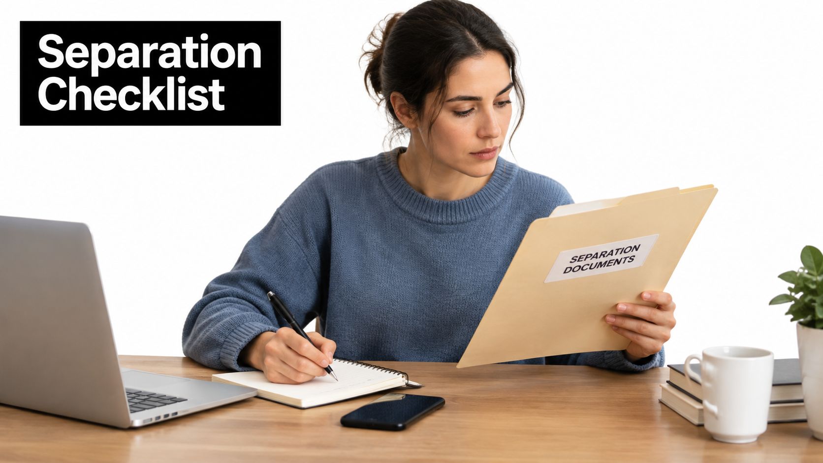 A young woman sits at a desk, reviewing separation documents and taking notes for her legal process.