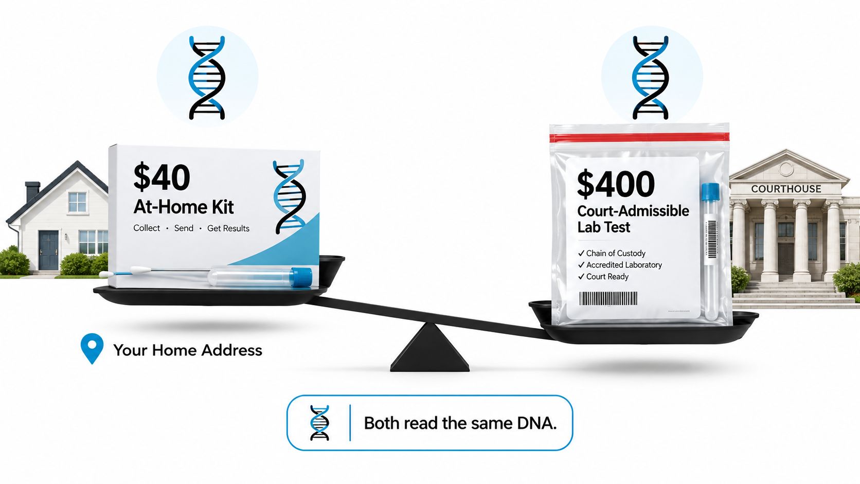 A scale comparing a $40 at-home DNA kit with a $400 court-admissible lab test for paternity verification.